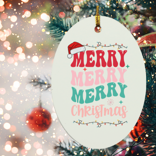 Merry, Merry, Merry Christmas- Wooden Oval Ornament