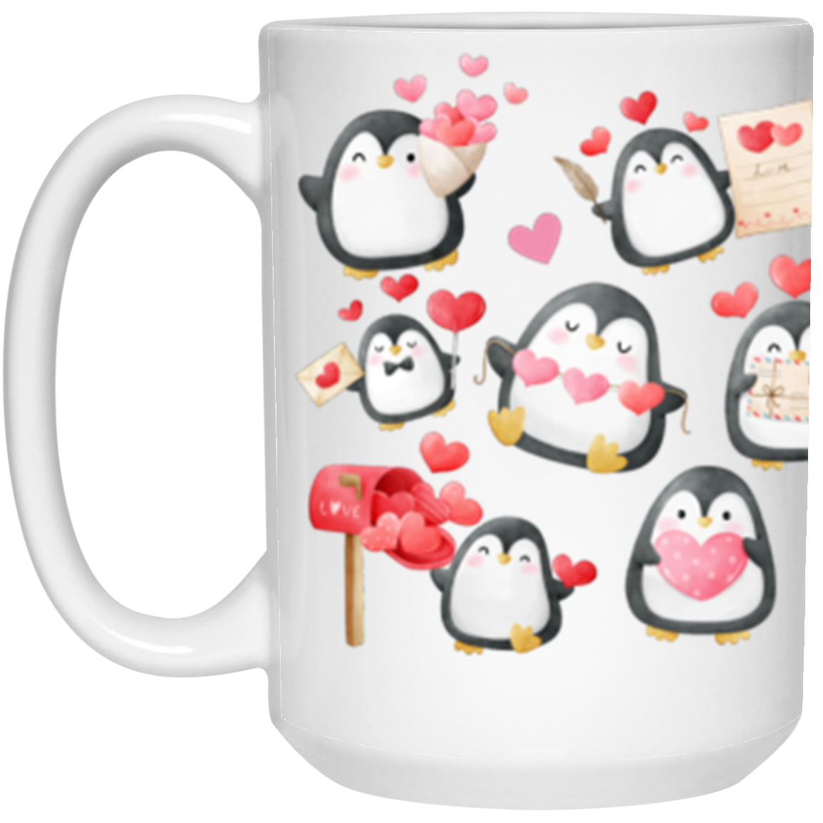Lovely Heart Penguins, envoltura completa - 11 y 15 oz. Taza blanca