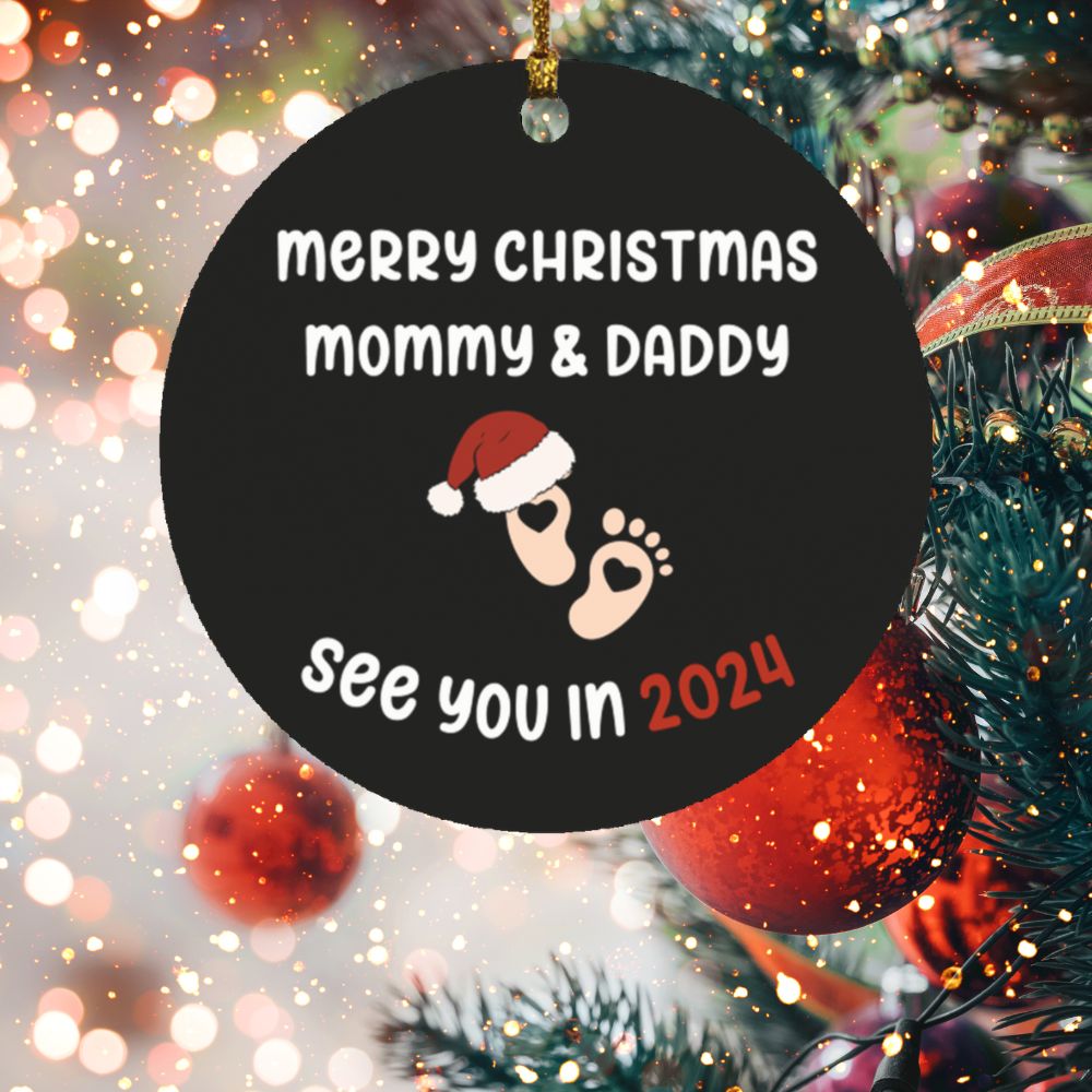 Merry Christmas Mommy & Daddy... See You In 2024 (PERSONALIZE SKIN TONE) - Wooden Circle Ornaments