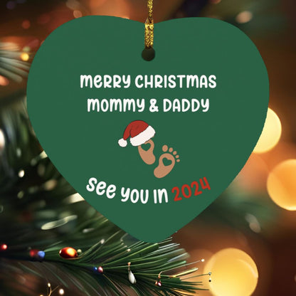 Merry Christmas Mommy & Daddy... See You In 2024 (PERSONALIZE SKIN TONE) - Wooden Heart Ornaments