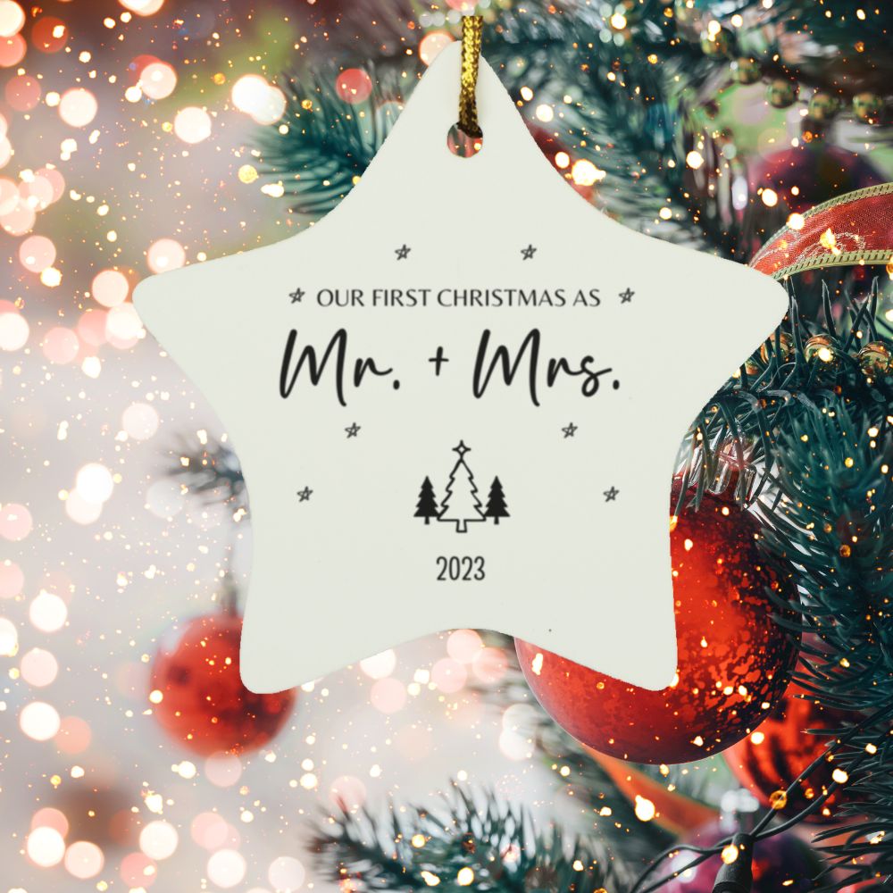 Our First Christmas As Mr. + Mrs. (2023)- Wooden Circle, Star, & Heart Ornaments