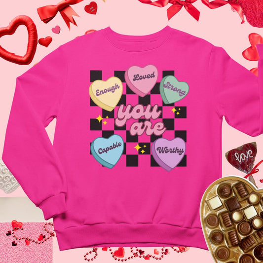 Valentine Candy Hearts- Sudadera de mujer, Día de San Valentín, Invierno