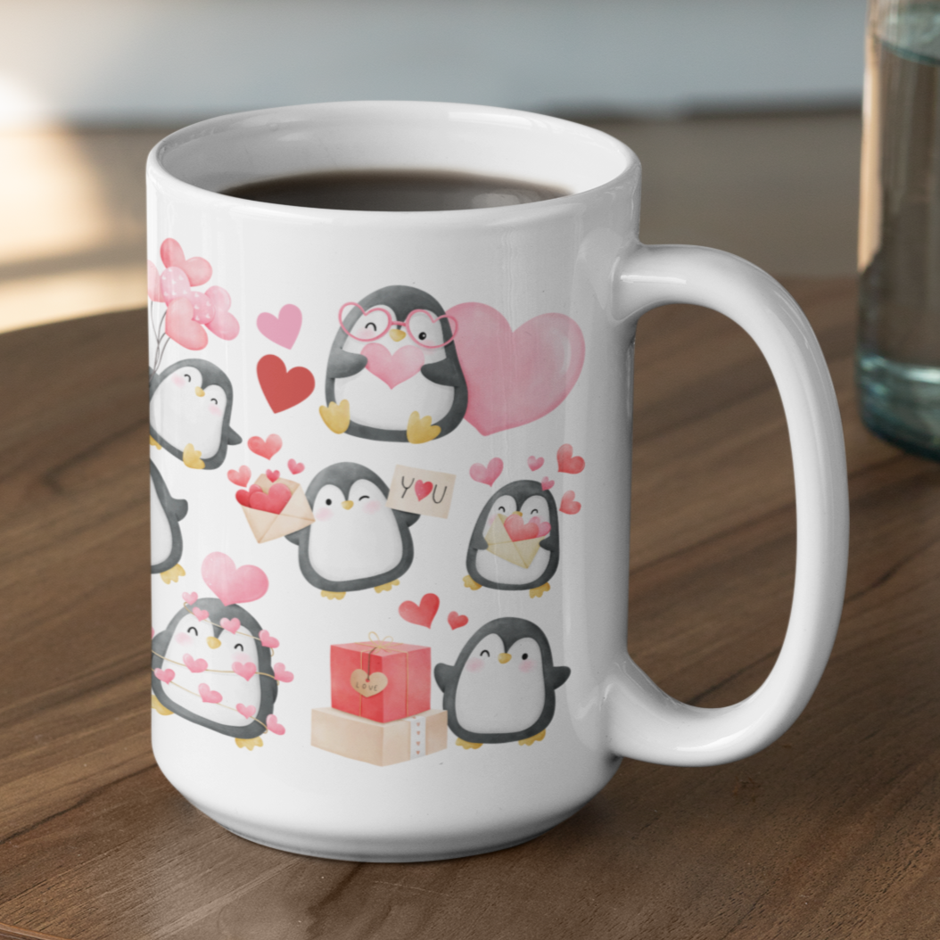 Lovely Heart Penguins, Full Wrap-Around - 11 & 15 oz. White Mug
