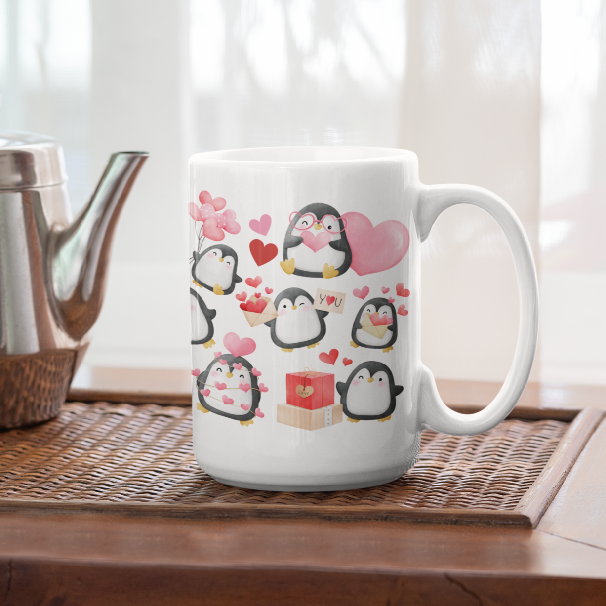 Lovely Heart Penguins, Full Wrap-Around - 11 & 15 oz. White Mug