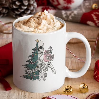 Christmas Tree & Dead Inside Skeleton, Full Wrap-Around - 11 & 15 oz. White Mug