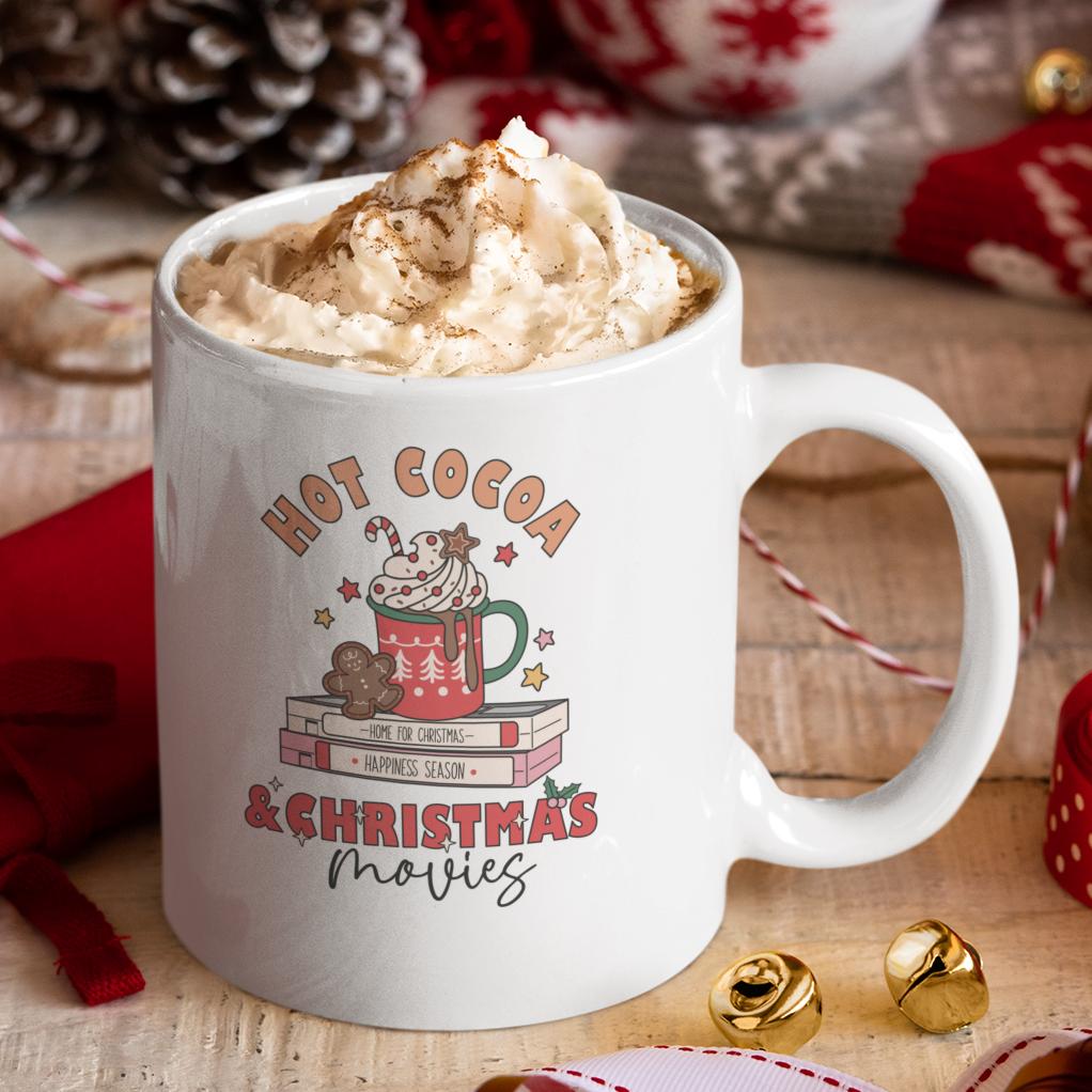 Cacao caliente y películas navideñas, envoltura completa - 11 y 15 oz. Taza blanca