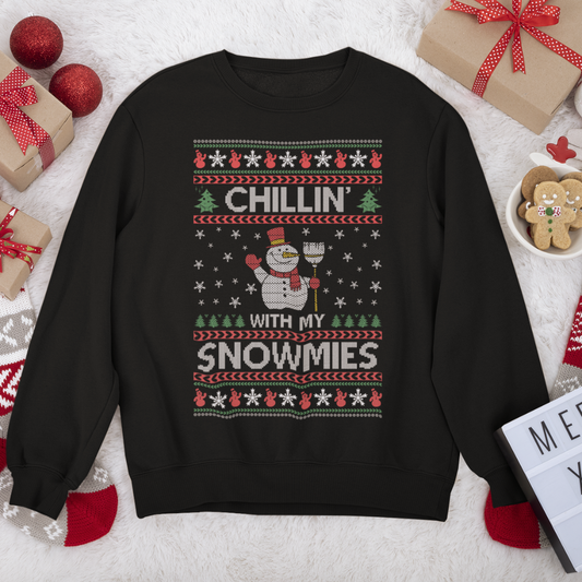 Chilling With My Snowmies - Suéter feo unisex, Navidad, Invierno, Otoño